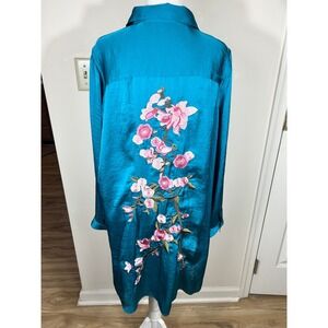 Soft Surroundings Teal Satin Floral Embroidery Shirt Dress XL BOHO Chic Festival